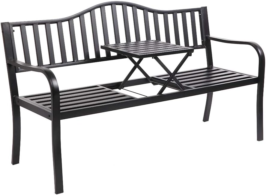 59" Outdoor Metal Bench Patio Bench with Built in Table Park Bench Garden Bench, Outside Benches Weather Proof Front Porch Bench for Yard Lawn Decor Deck