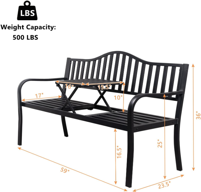 59" Outdoor Metal Bench Patio Bench with Built in Table Park Bench Garden Bench, Outside Benches Weather Proof Front Porch Bench for Yard Lawn Decor Deck