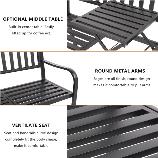 59" Outdoor Metal Bench Patio Bench with Built in Table Park Bench Garden Bench, Outside Benches Weather Proof Front Porch Bench for Yard Lawn Decor Deck