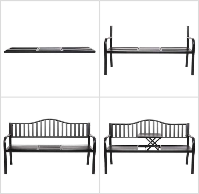 59" Outdoor Metal Bench Patio Bench with Built in Table Park Bench Garden Bench, Outside Benches Weather Proof Front Porch Bench for Yard Lawn Decor Deck