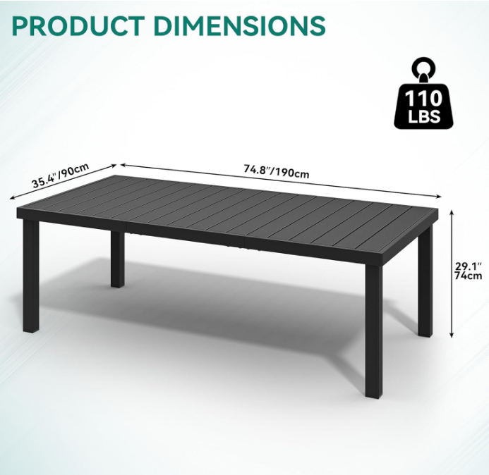 Aluminum Patio Dining Table for 8, 75" Outdoor Dining Table, E-Coated Rectangular Patio Table for Backyard Garden Lawn, Black
