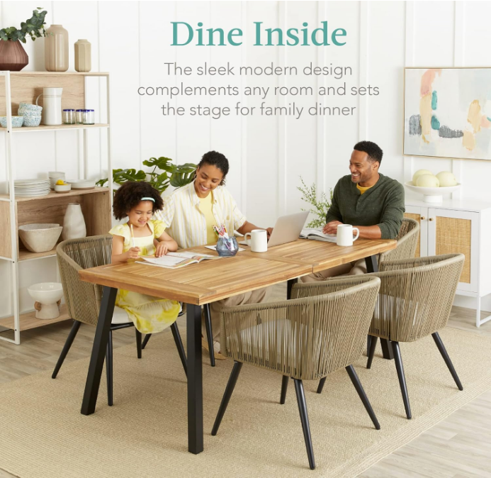 Products 6-Person Indoor Outdoor Acacia Wood Dining Table, Picnic Table w/Powder-Coated Steel, 350 Pound Capacity Legs - Natural