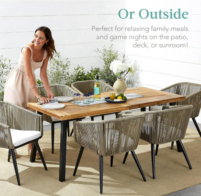 Products 6-Person Indoor Outdoor Acacia Wood Dining Table, Picnic Table w/Powder-Coated Steel, 350 Pound Capacity Legs - Natural