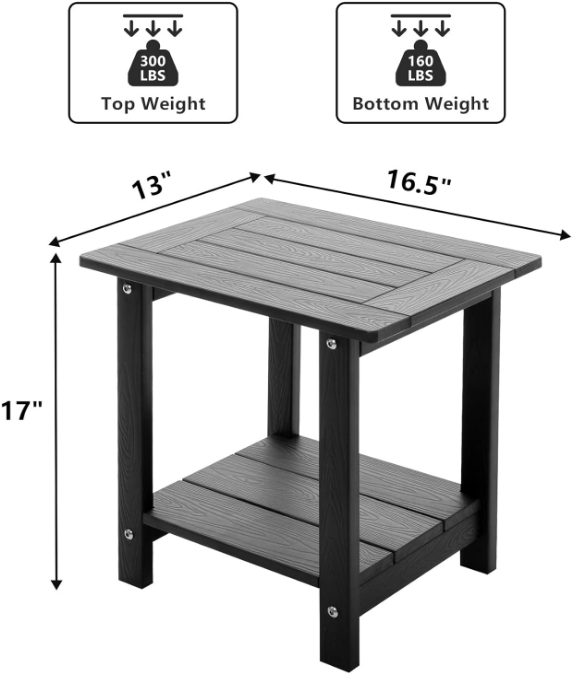 Double Adirondack Side Table Weather Resistant, Outdoor Rectangular End Table for Adirondack Chair, Black with Wood Grain