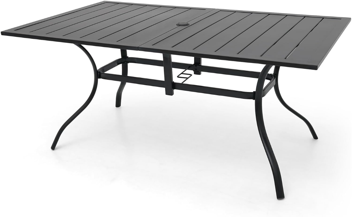 Outdoor Metal Frame Rectangle Patio Dining Table with Slat Top and Umbrella Hole 63"x38" for 6 Person - Black