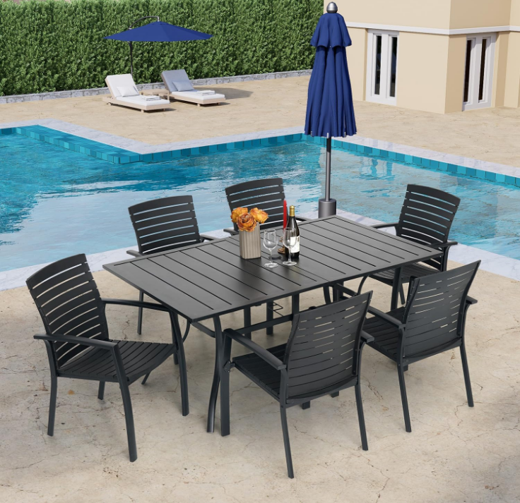 Outdoor Metal Frame Rectangle Patio Dining Table with Slat Top and Umbrella Hole 63"x38" for 6 Person - Black