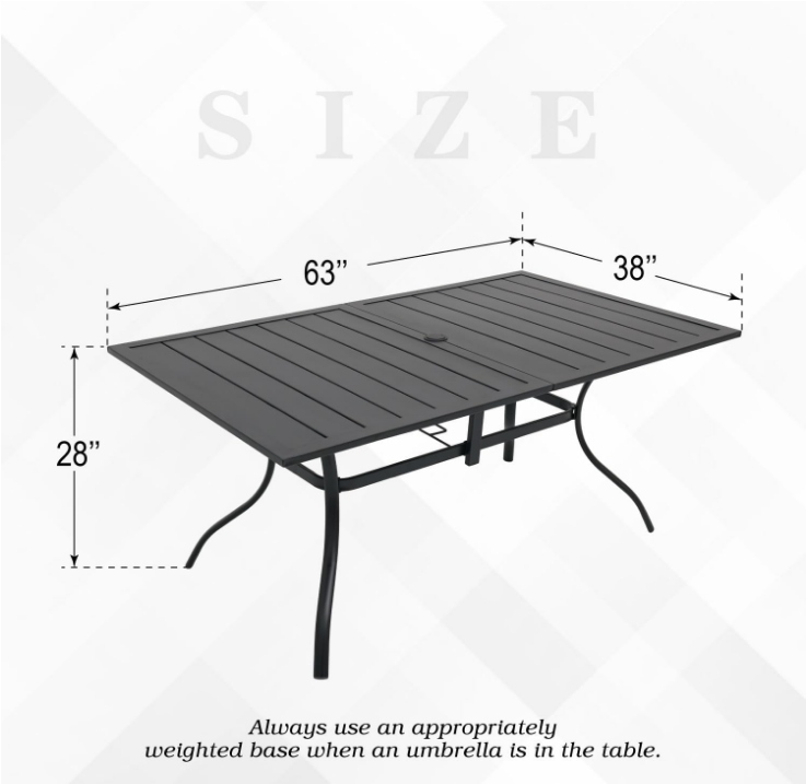 Outdoor Metal Frame Rectangle Patio Dining Table with Slat Top and Umbrella Hole 63"x38" for 6 Person - Black