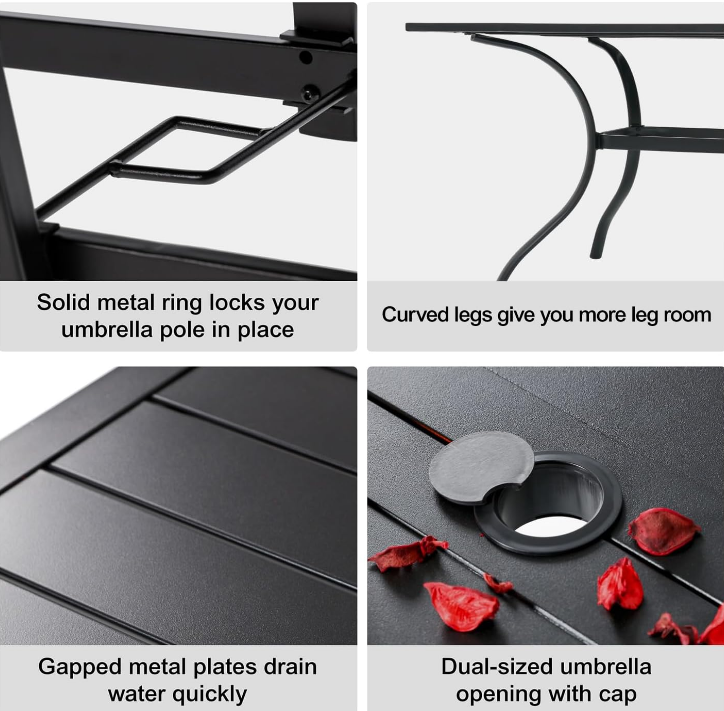 Outdoor Metal Frame Rectangle Patio Dining Table with Slat Top and Umbrella Hole 63"x38" for 6 Person - Black