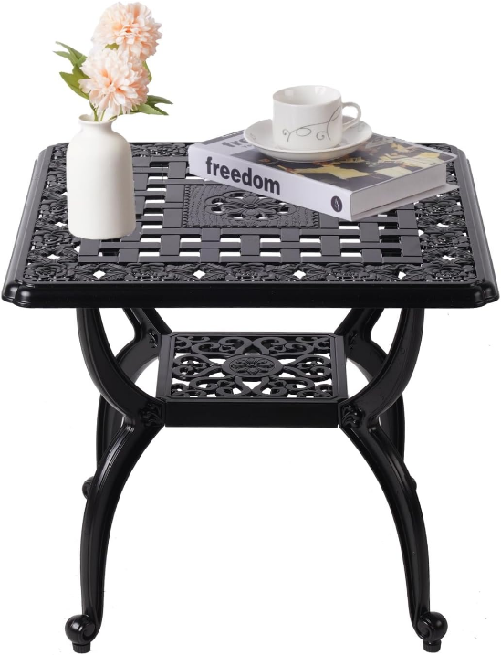 Cast Aluminum Outdoor Side Table,Outdoor Coffee Table,Small Outdoor Table,Outdoor Side Tables for Patio,Garden,Balcony, for All Weather (Black, Square)
