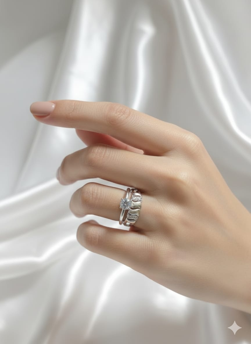 SILVER PLATED DOUBLE BAND SOLITIRE RING