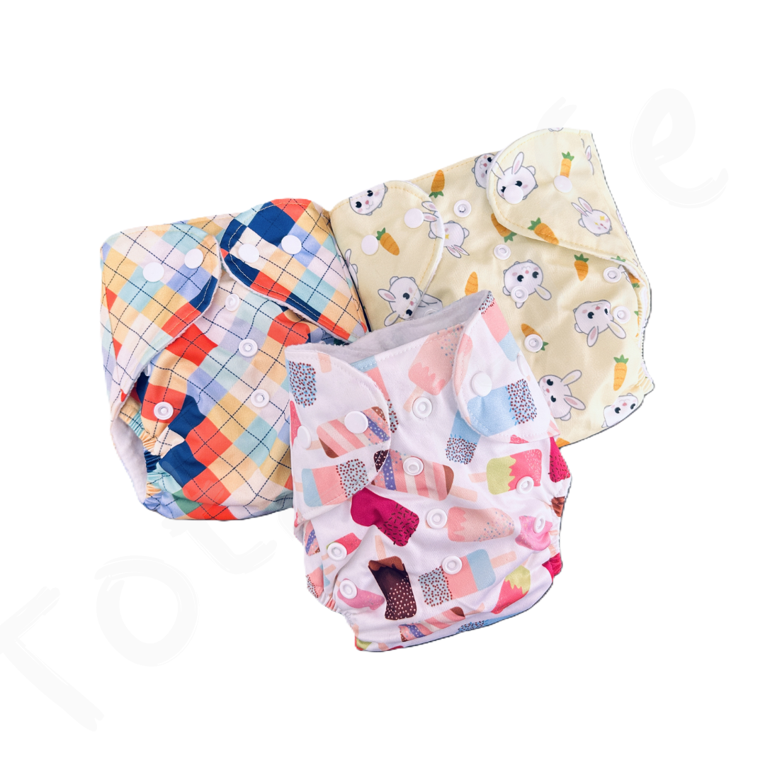 Eco-Friendly, Reusable printed cloth diapers (pack of 3 diapers and 3 inserts)