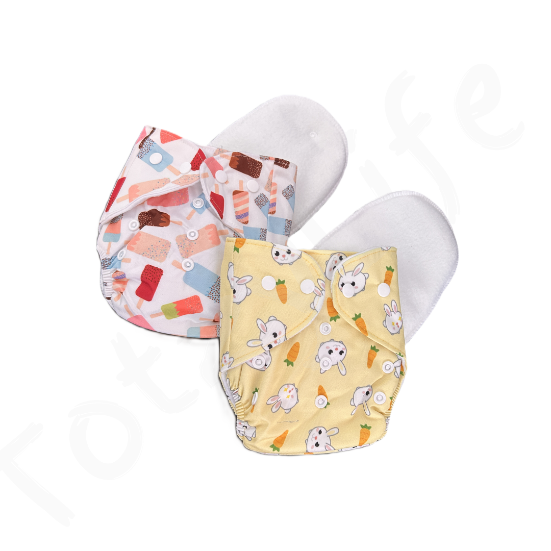 Eco-Friendly, Reusable printed cloth diapers (Pack of 2 diapers and 2 inserts Assorted)