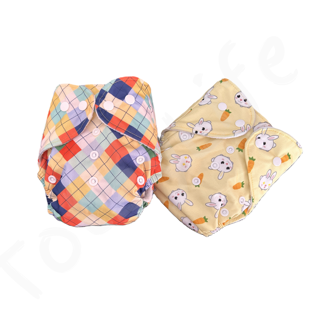 Eco-Friendly, Reusable printed cloth diapers (Pack of 2 diapers and 2 inserts Assorted)