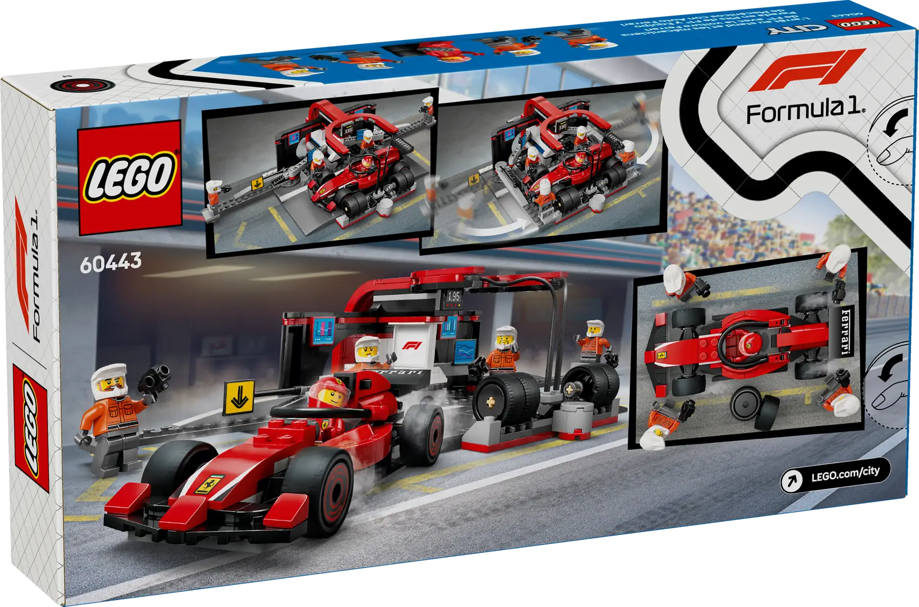 LEGO® City F1® remonto punktas, mechanikai ir Ferrari automobilis 60443