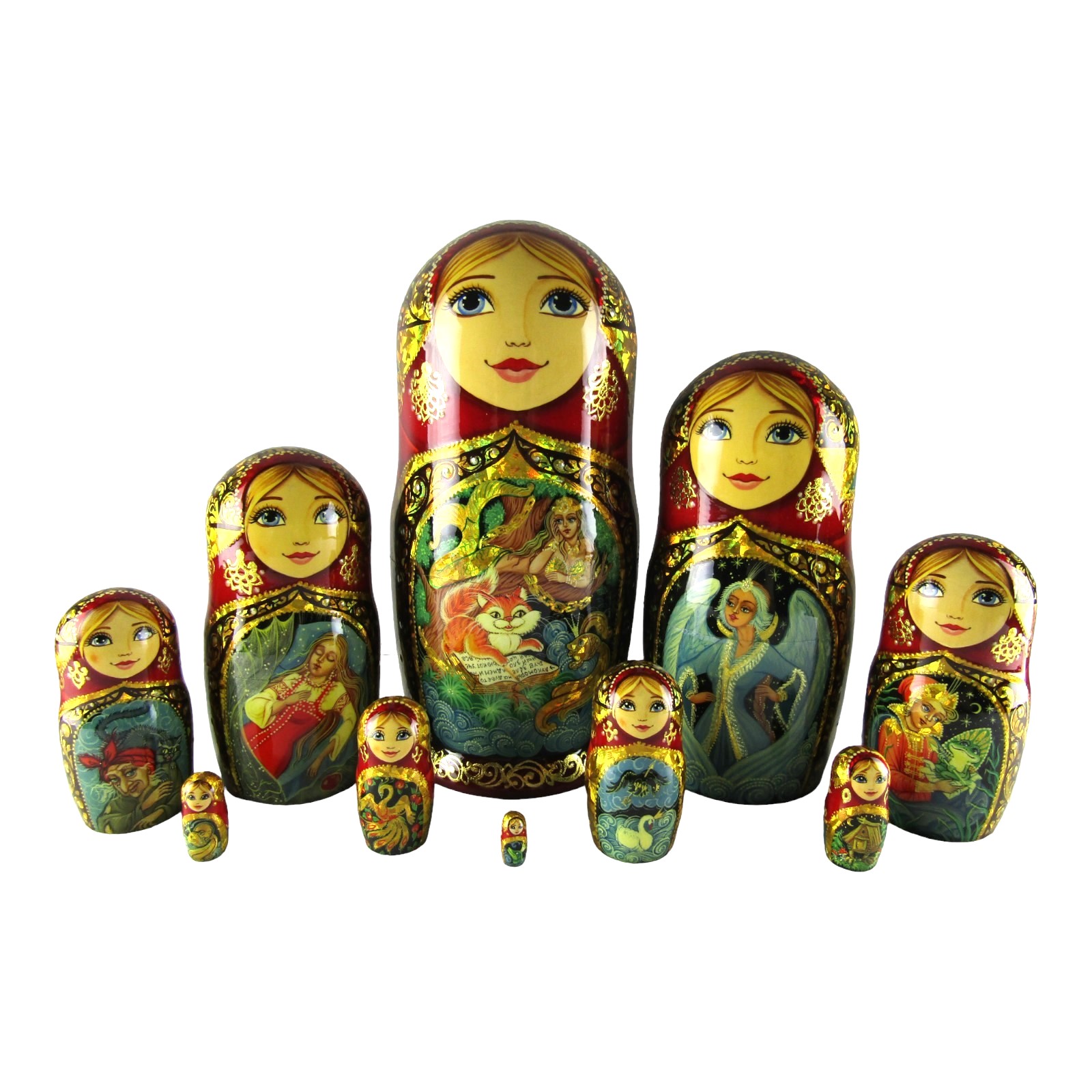 Nesting Doll 10" 10 Piece, Folk-art Fairytale Hand Made Set Russian Matryoshka