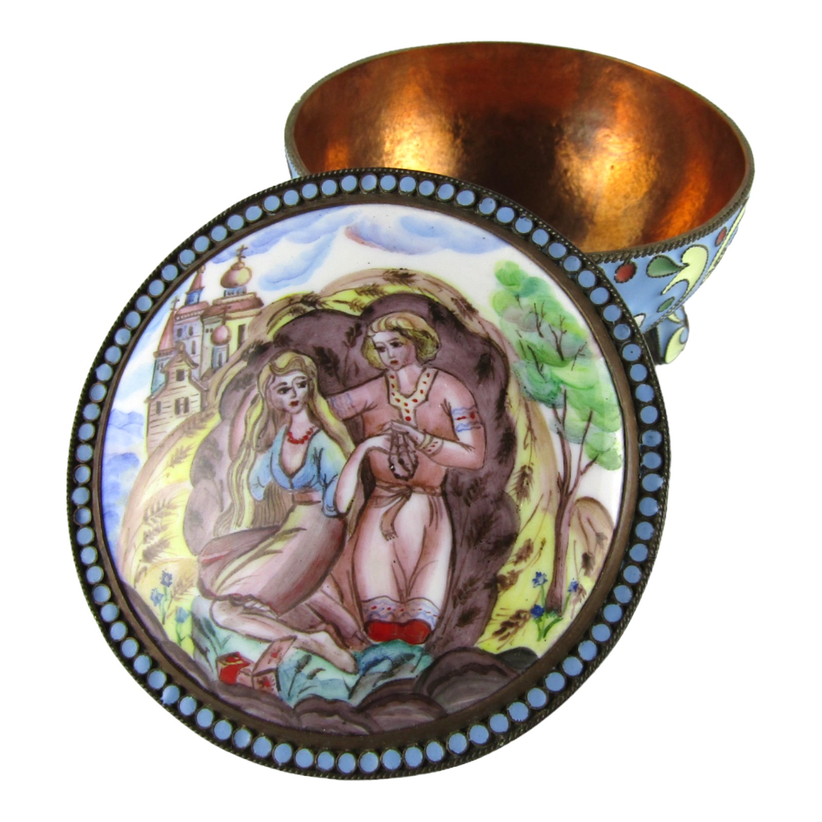 V. Malkin Hand Made Russian Copper Mirrored Powder Box, Cloisonné Painted