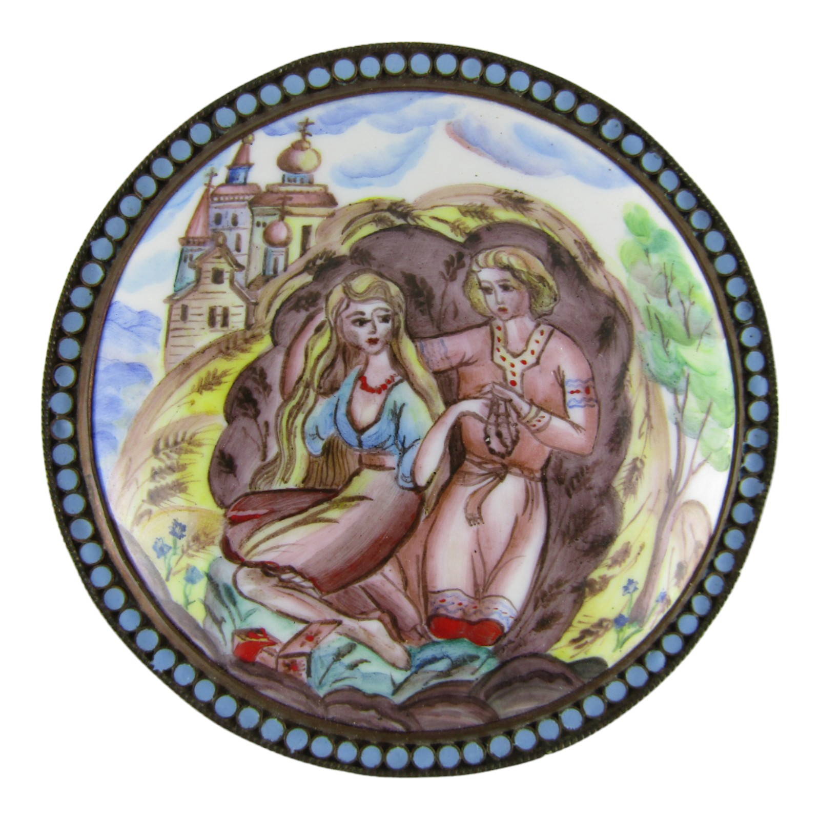 V. Malkin Hand Made Russian Copper Mirrored Powder Box, Cloisonné Painted