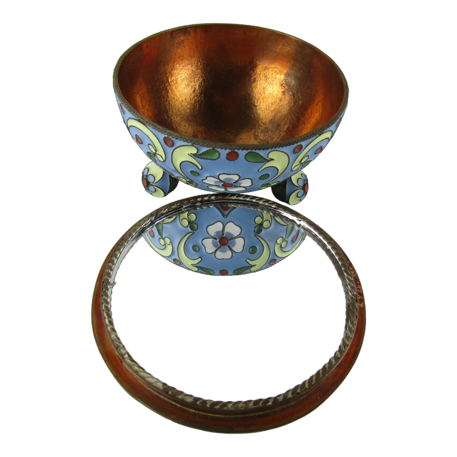 V. Malkin Hand Made Russian Copper Mirrored Powder Box, Cloisonné Painted