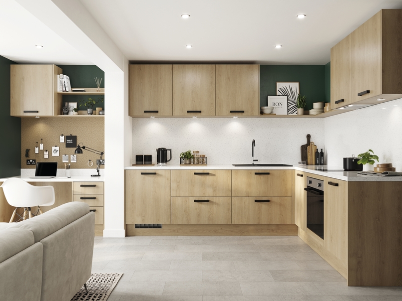 Cuisine d'exposition en L poignées noir chêne naturel -70%