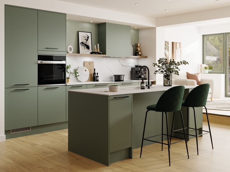 Cuisine d'exposition vert sauge avec îlot central -70%