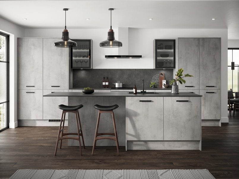 Cuisine d'exposition avec îlot central effet béton -70%