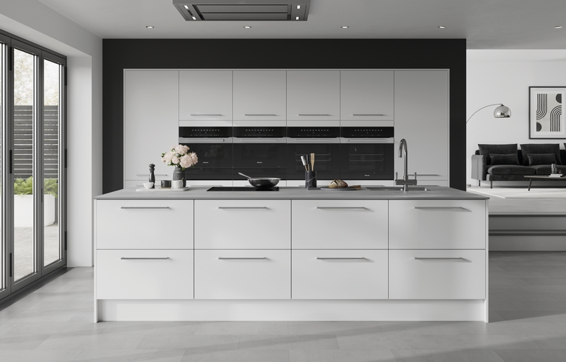 Cuisine d'exposition avec îlot central blanc pure -70%