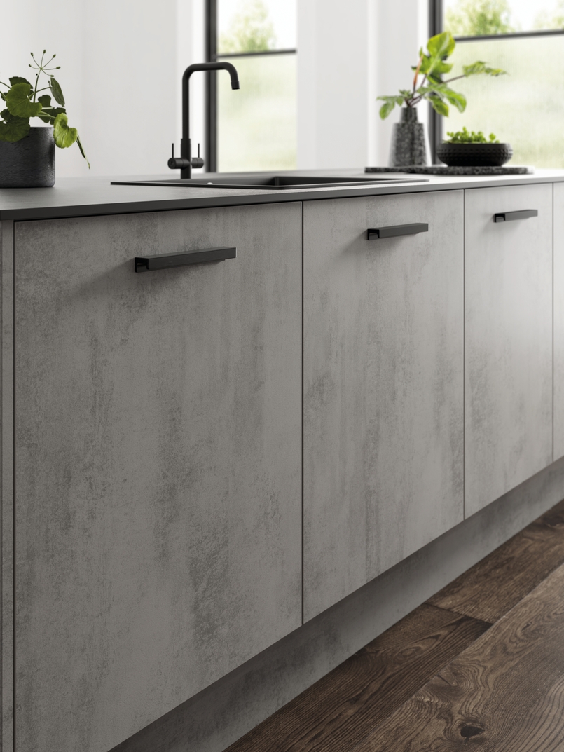 Cuisine d'exposition avec îlot central effet béton -70%