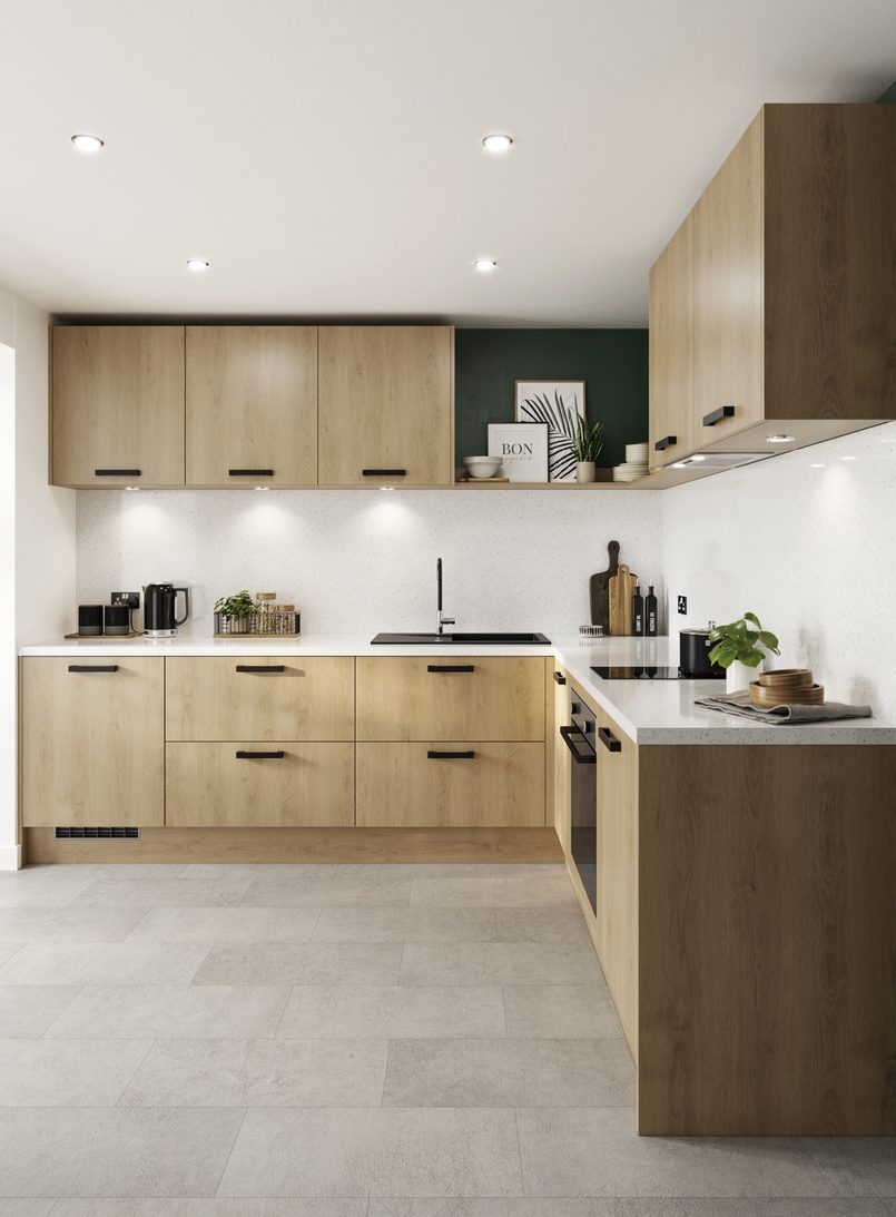 Cuisine d'exposition en L poignées noir chêne naturel -70%