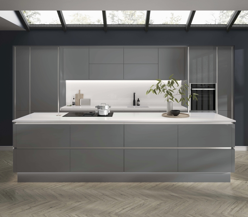 Cuisine d'exposition grise avec îlot central XXL -70%