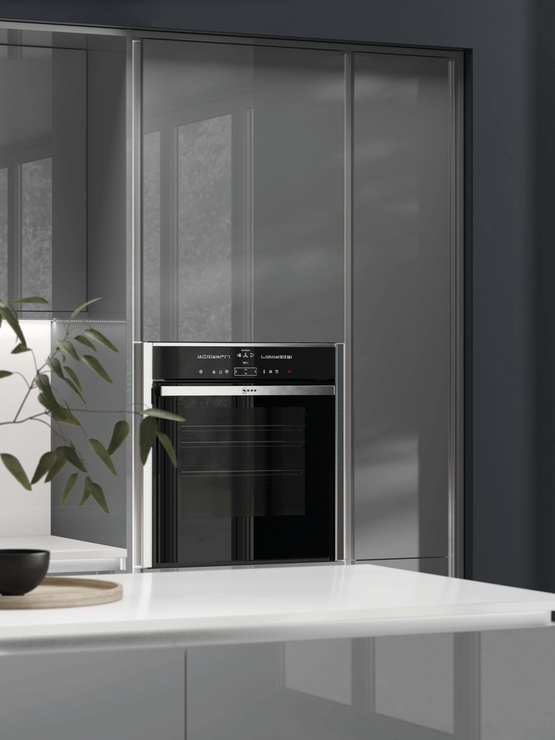 Cuisine d'exposition grise avec îlot central XXL -70%