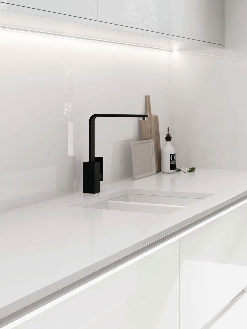 Cuisine d'exposition blanc pur avec îlot central XXL -70%