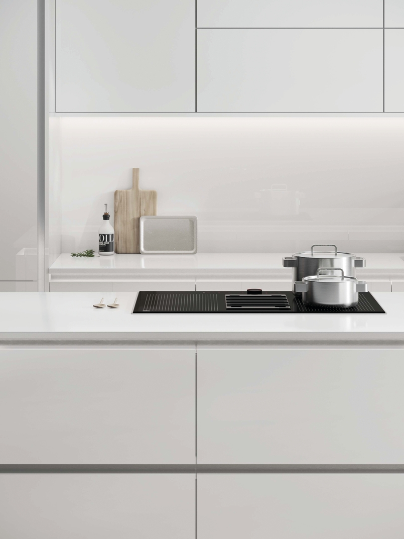 Cuisine d'exposition blanc pur avec îlot central XXL -70%