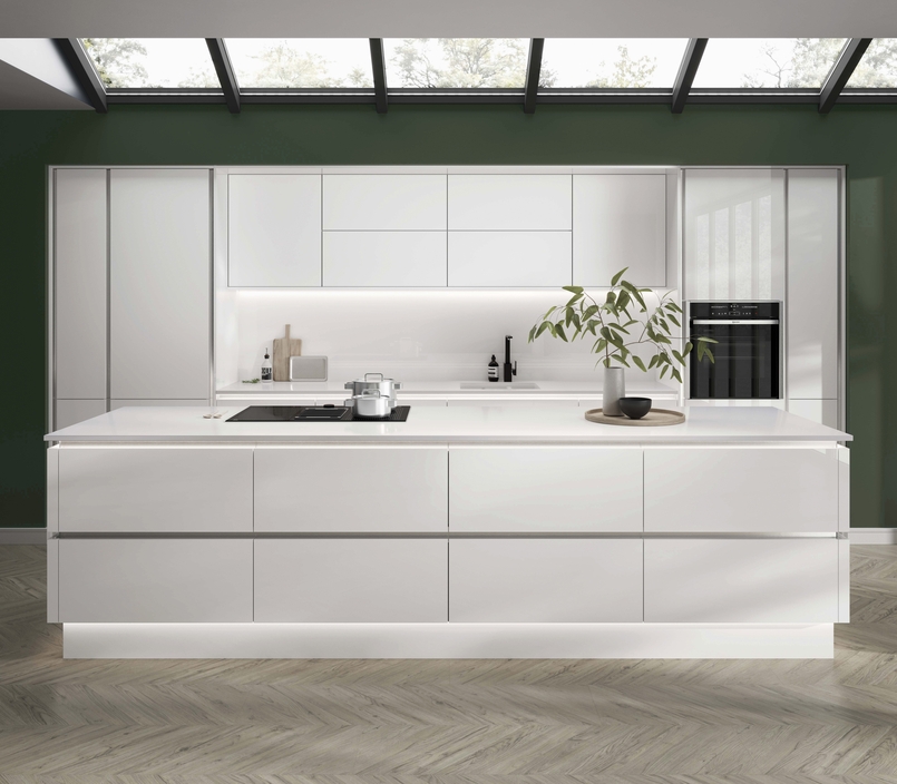 Cuisine d'exposition blanc pur avec îlot central XXL -70%