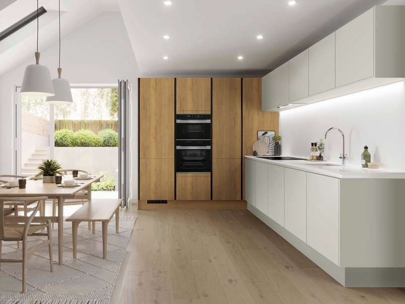 Cuisine d'exposition en chêne naturel texturé et blanc 70%