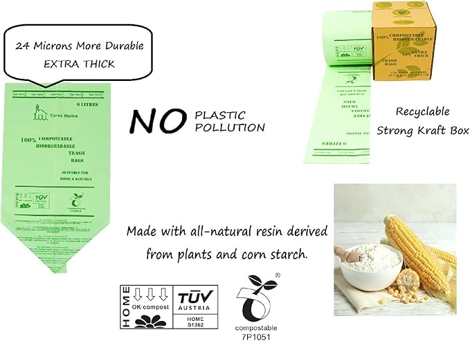 Strongest Garbage Bags Compostable Biodegradable Bin Liners 6L/10L/30L Food Waste Bags Made from Plants with Certificate EN13432 for Home & Kitchen Bin Liners in Kraft Box