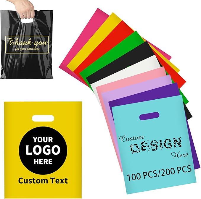 Custom Plastic Bags with Logo-Plastic Personalised Gifts Bags for Small Businesses, Clothing Stores, Boutiques, Supermarkets, Retailers, Party Events (100)