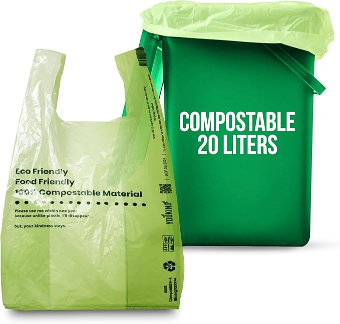 20L Compostable Food Waste Bags Large and Heavy-duty Shopping Bags (50 Counts) Biodegradable and Compostable Carrier Bag with Handles Ideal for Retail Checkout and Use as Food Bin Liners