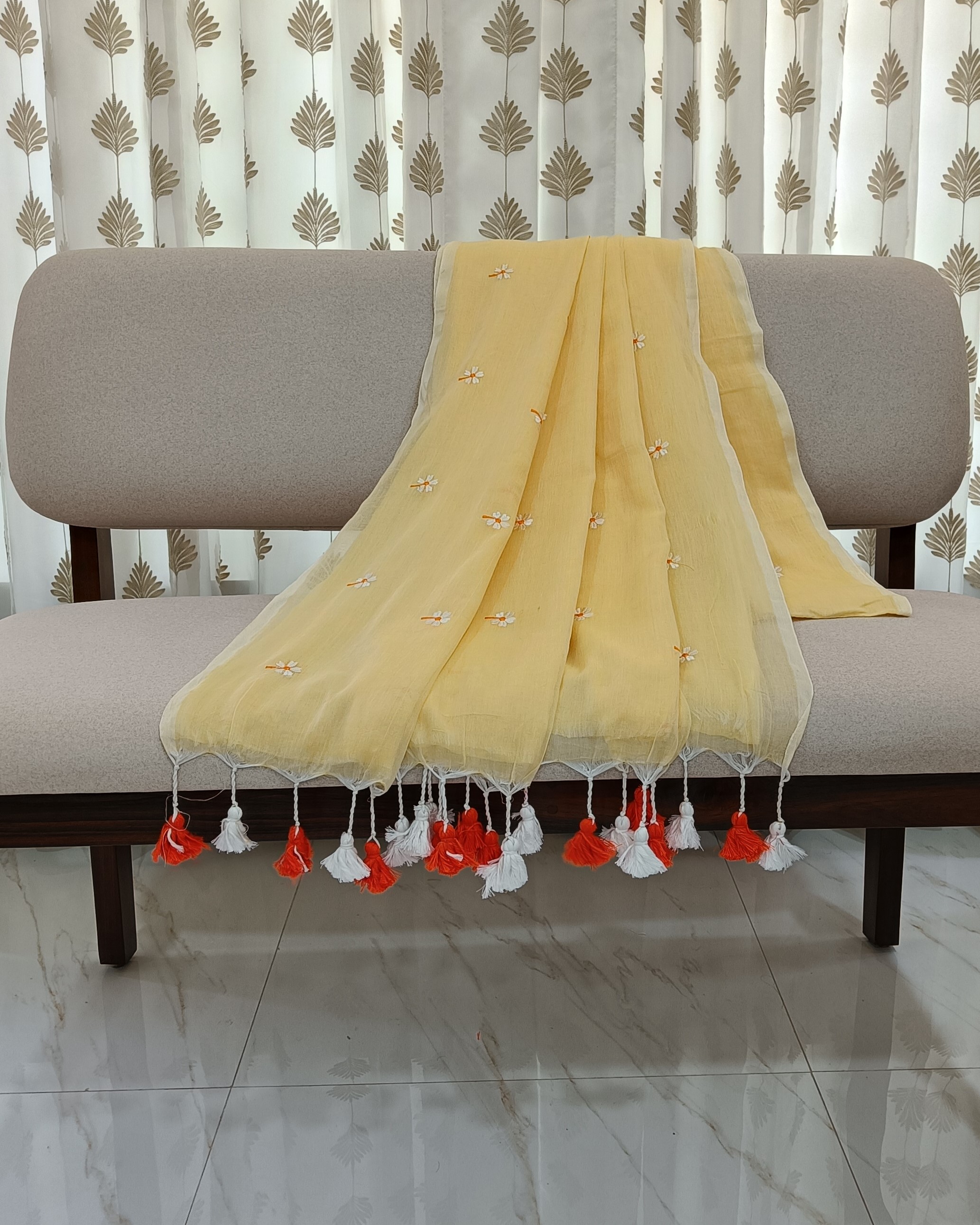 Pastel Yellow Mulmul Saree With Shivli-Parijat Flower Motif