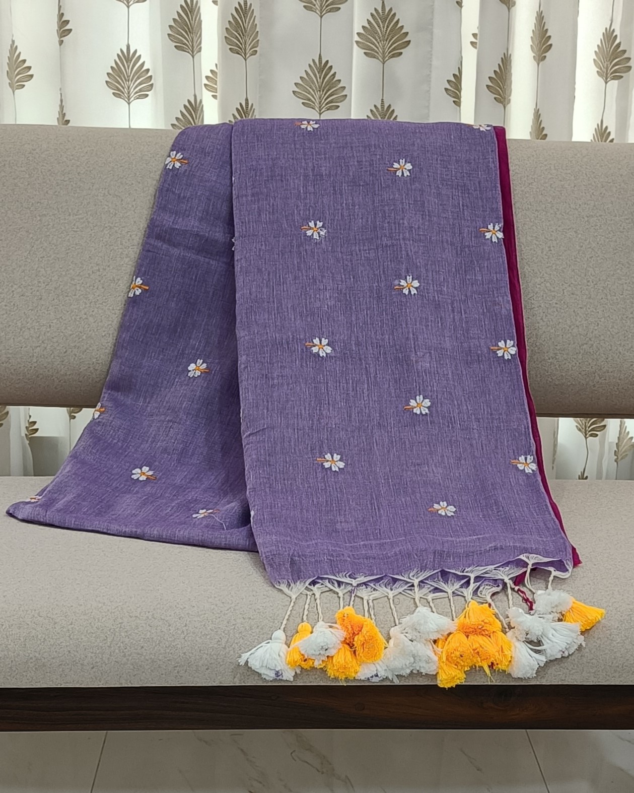 Lavendar Mulmul Saree With White & Orange Shivli-Parijat Flowers