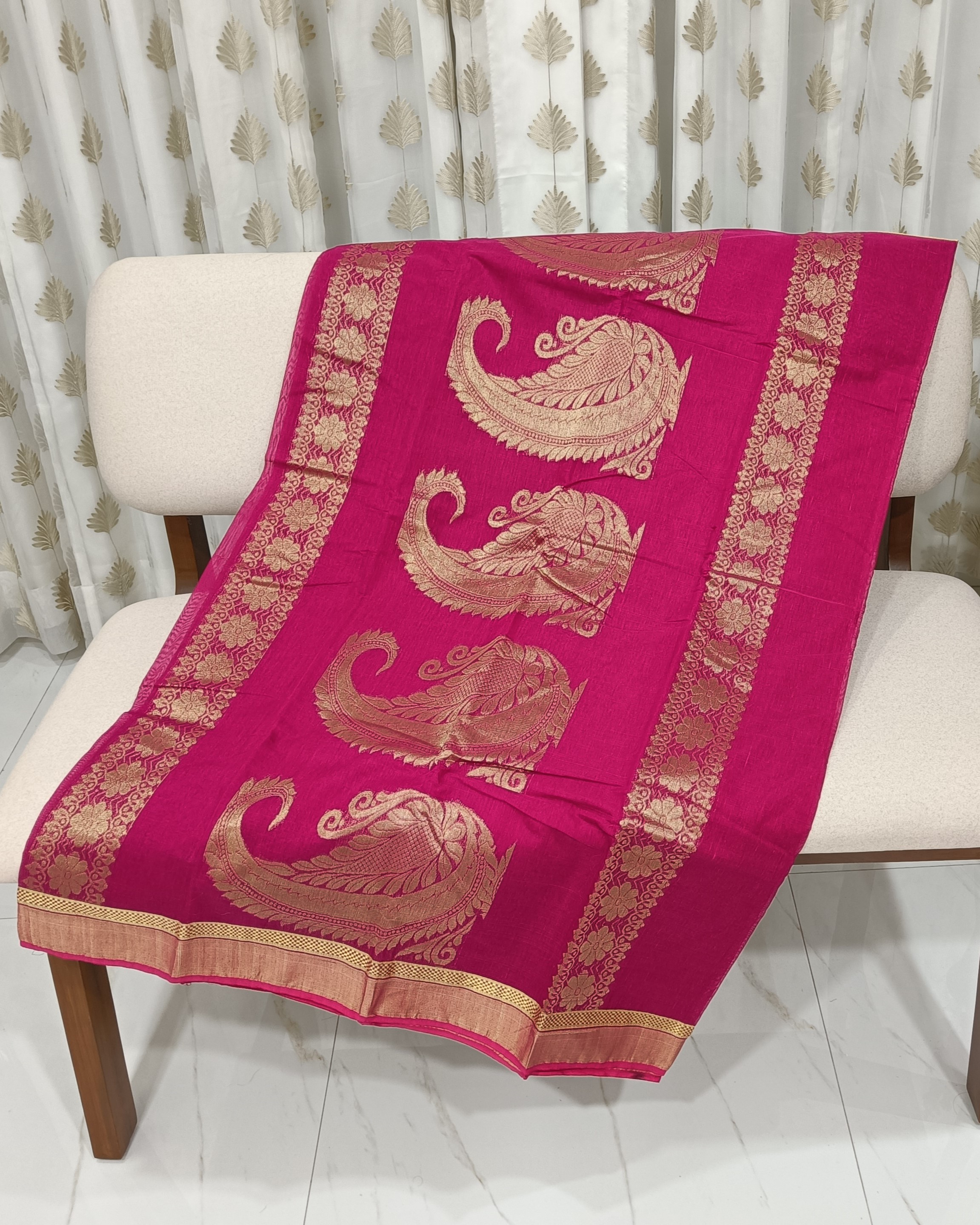 Pink Cotton Banarasi Saree With Golden Kolka Design on Pallu & Bhuta on Body