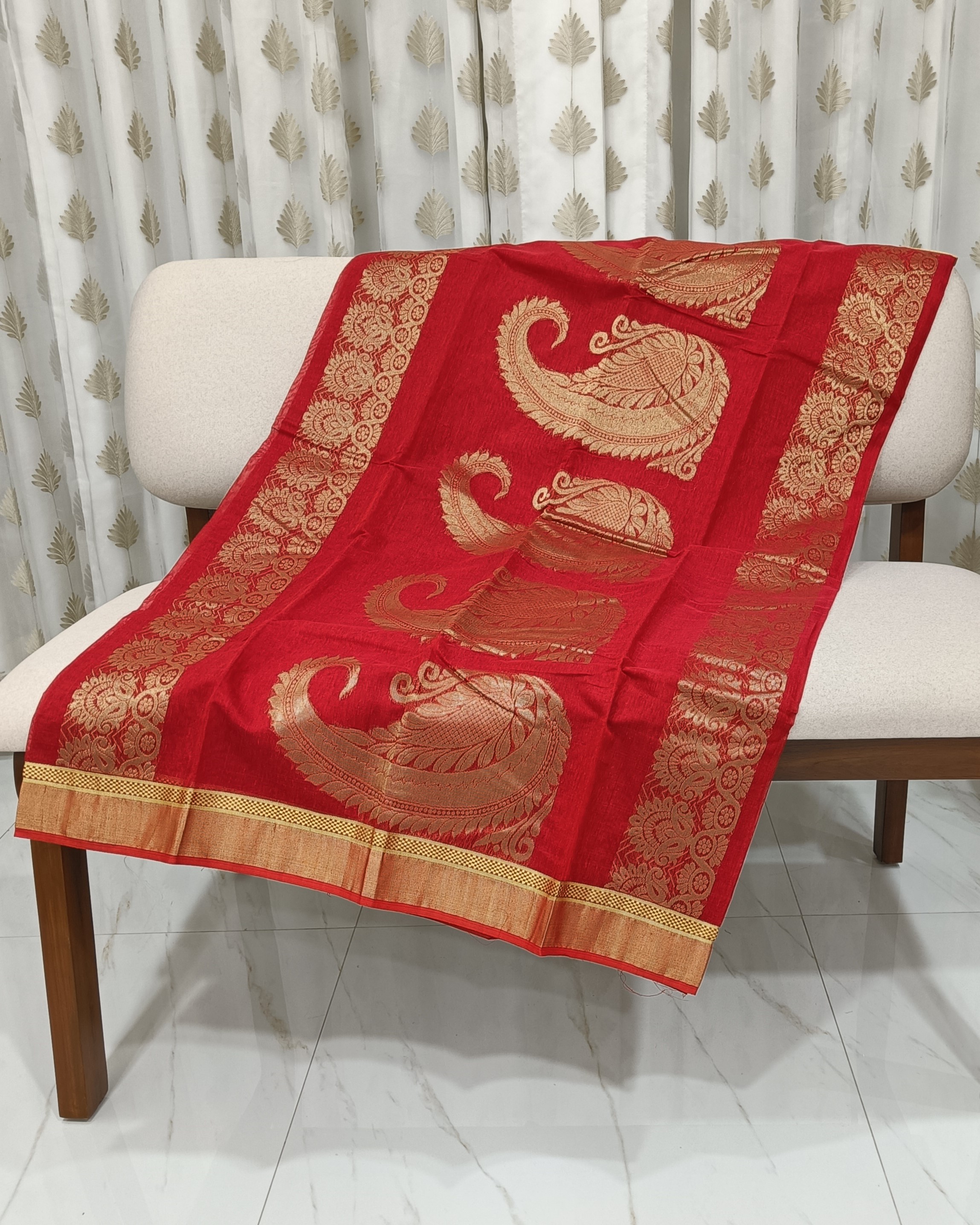 Red Cotton Banarasi Saree With Golden Kolka on Pallu & Bhuta on Body