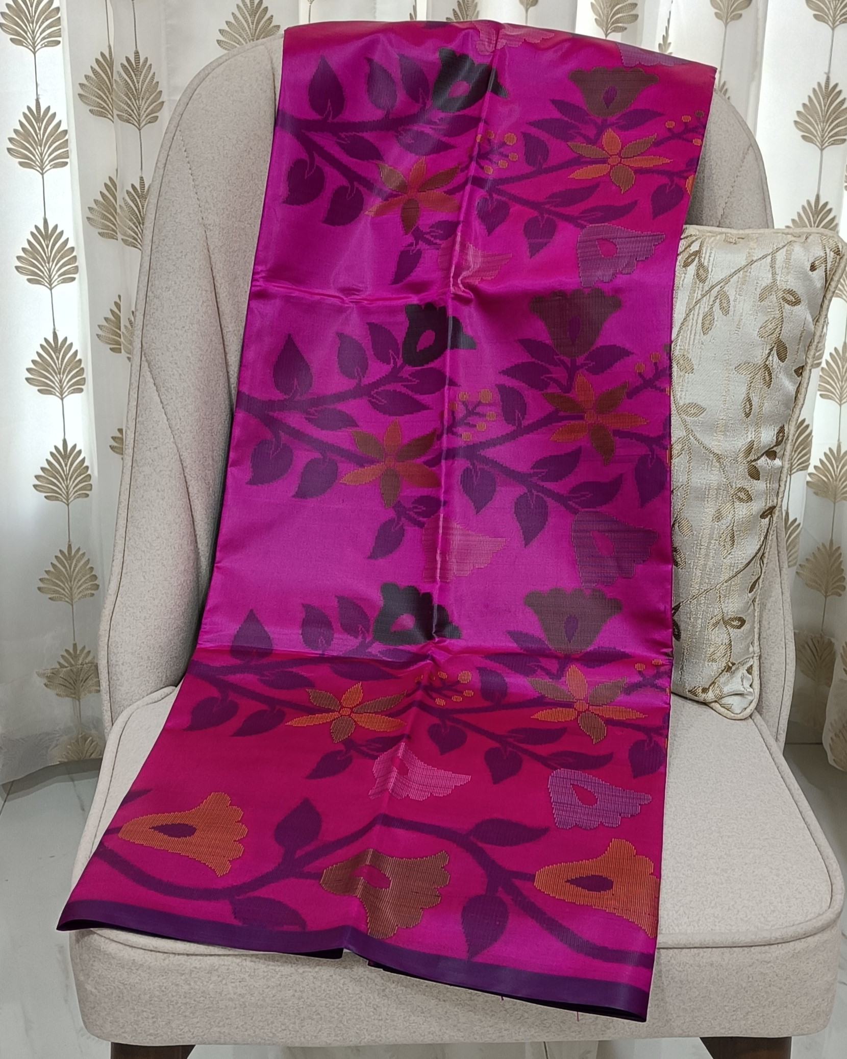 Pink Bright Floral Rajshahi Silk Saree
