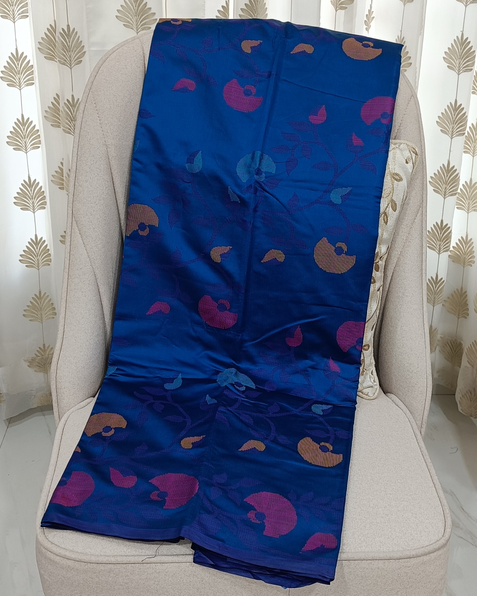 Blue Floral Rajshahi Silk Saree With Silky Soft Fabric