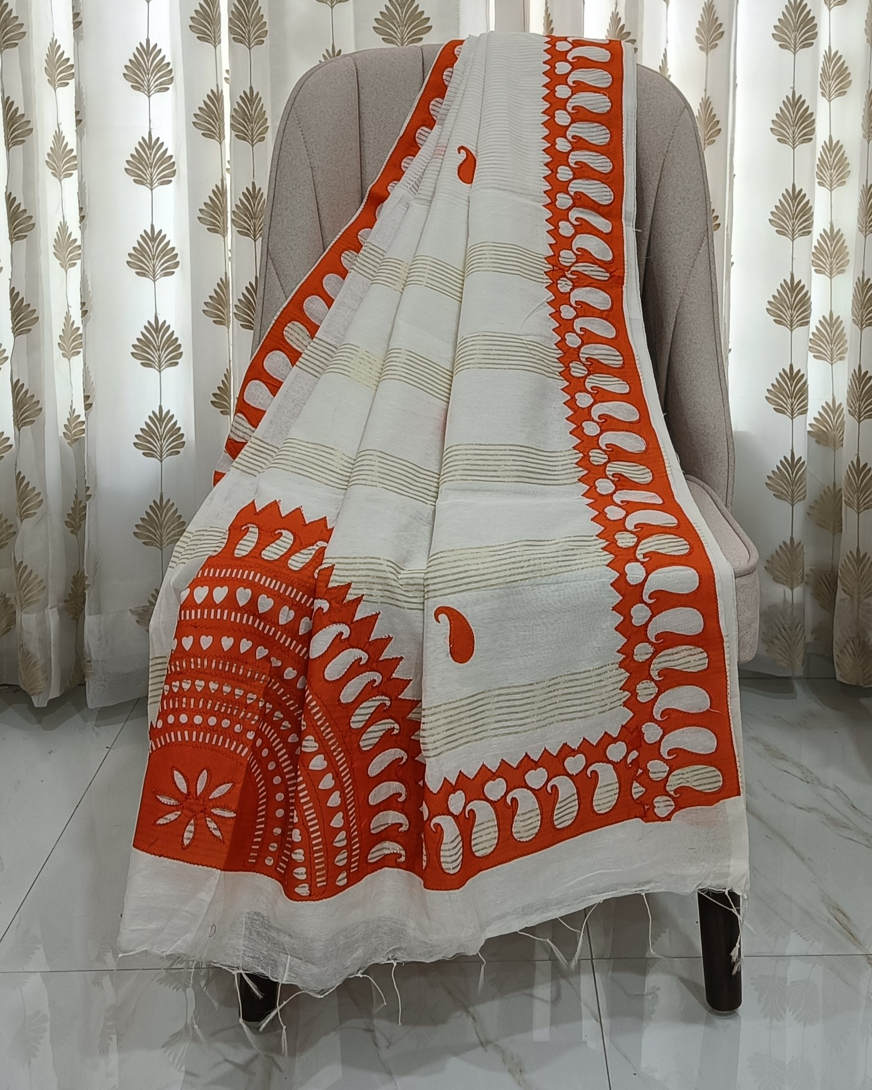 White Kota Fabric With Orange Applique Work