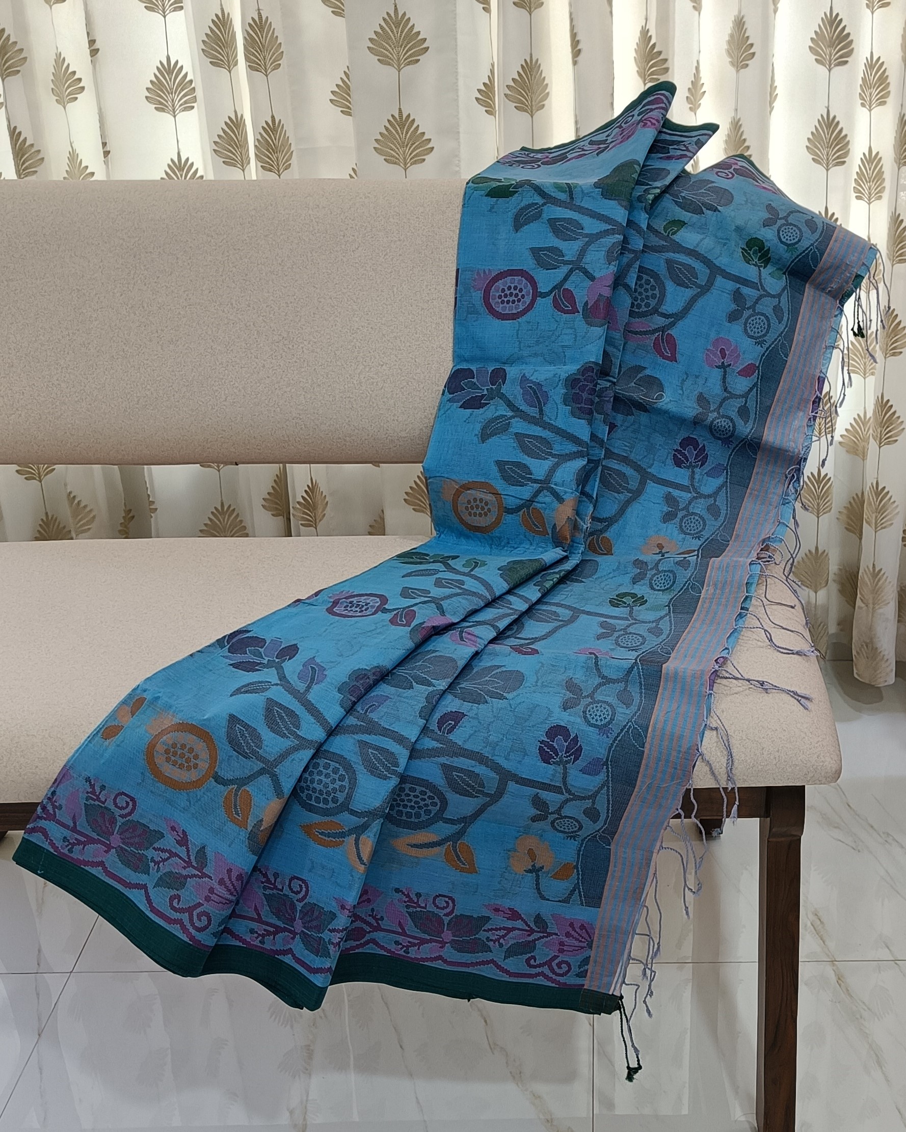 Blue Cotton Saree with Floral Thread Work All Over