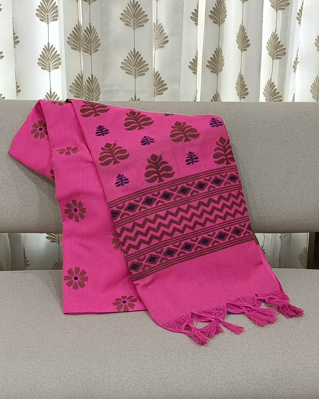 Bright Pink Cotton Saree With Golden & Blue Flower Motifs