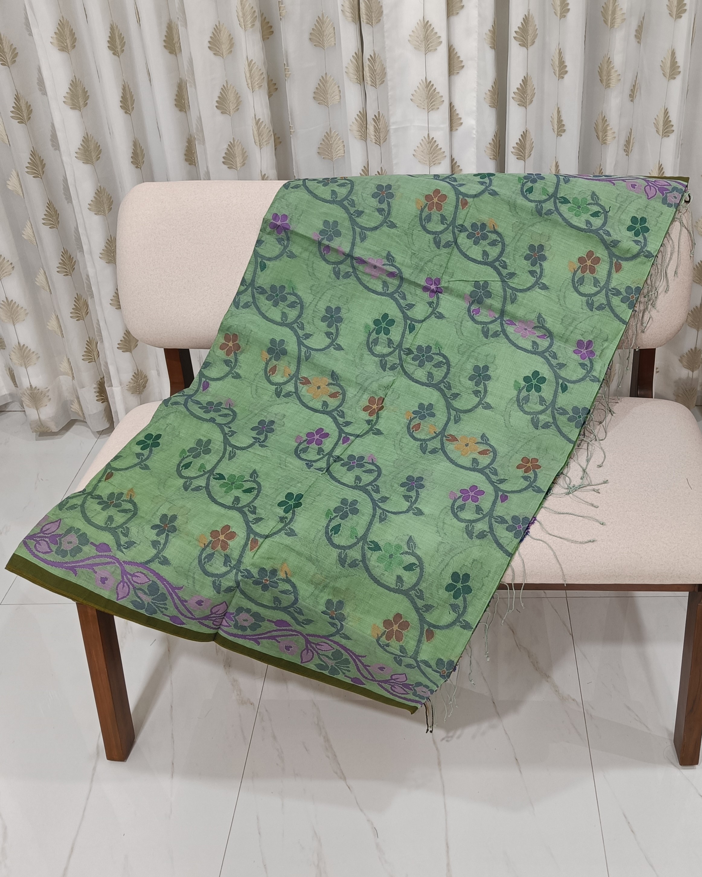 Soft Green Pure Cotton Saree With Floral Thread Work All Over