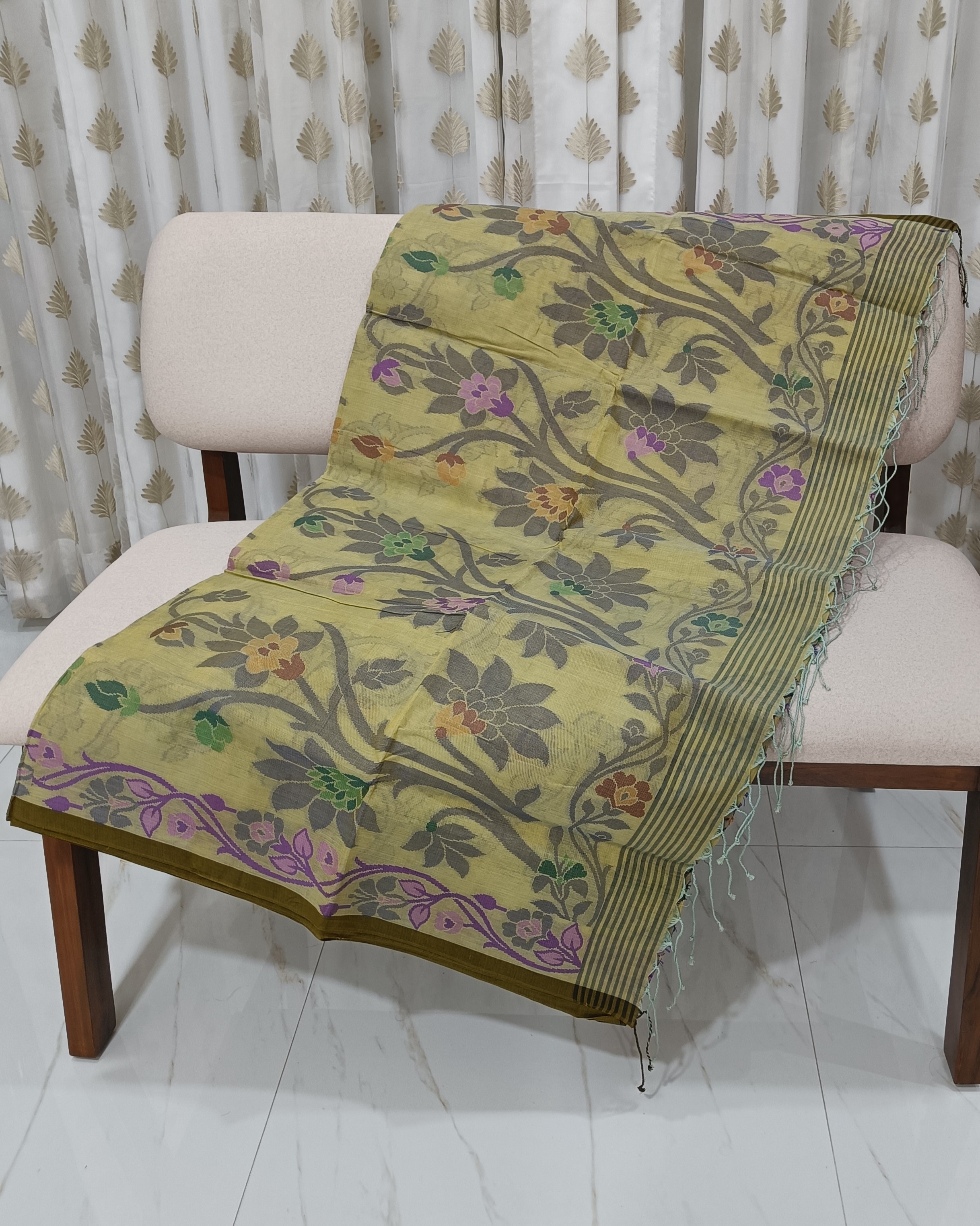 Light Forest Green Pure Cotton Saree With Floral Thread Work All Over