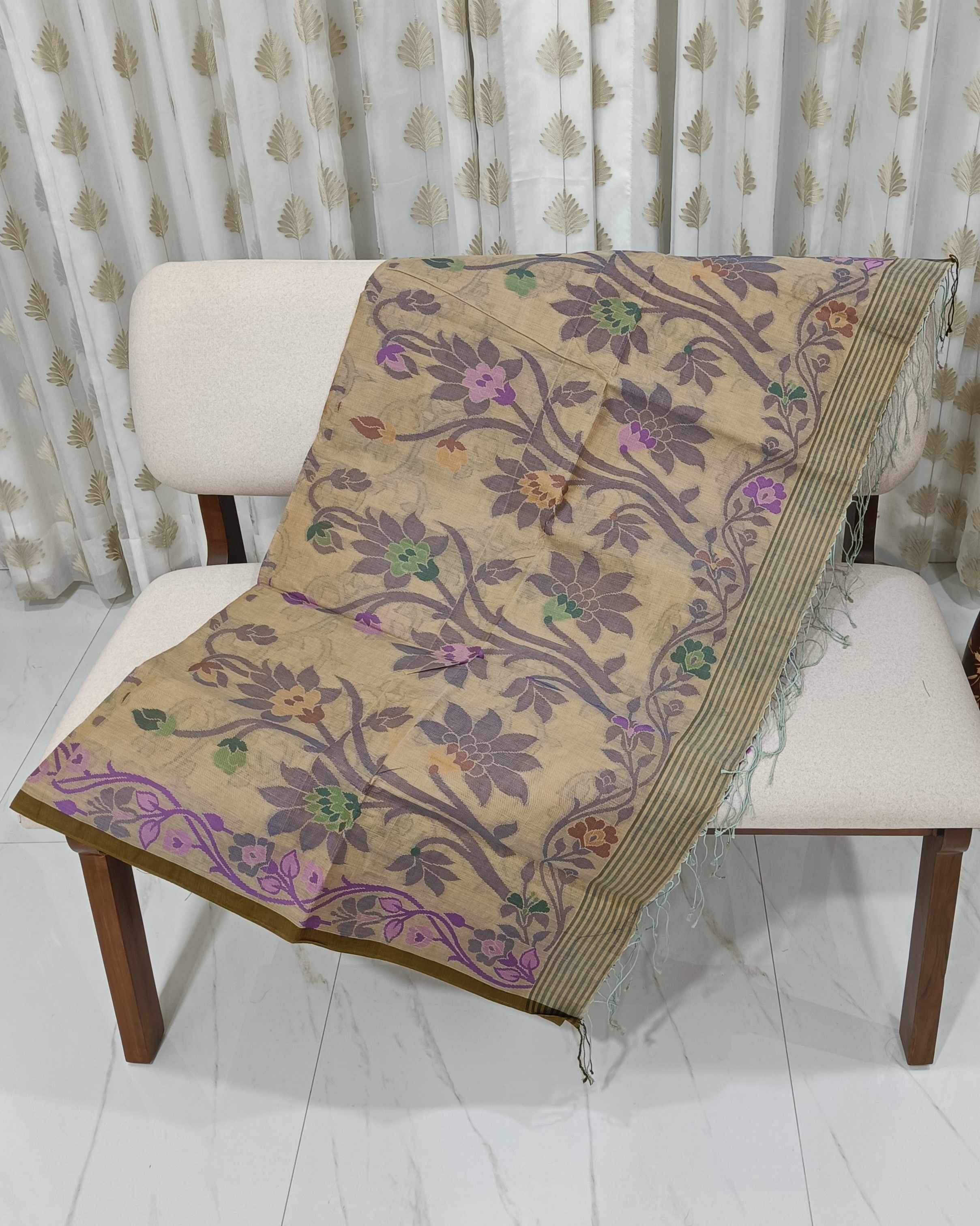 Soft Beige Pure Cotton Saree With Floral Thread Work All Over