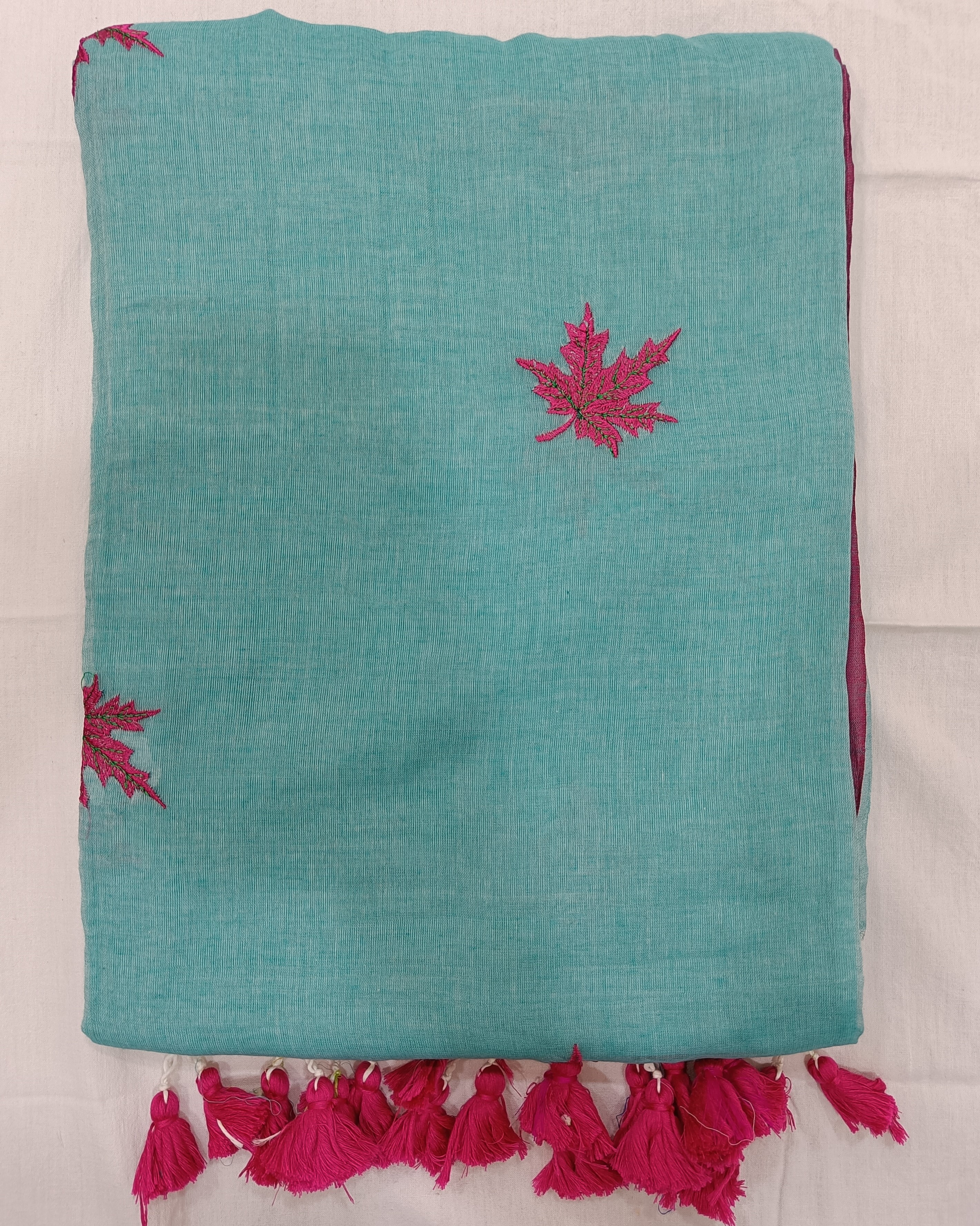 Blue Mulmul Saree With Pink Maple Leaves Embroidery
